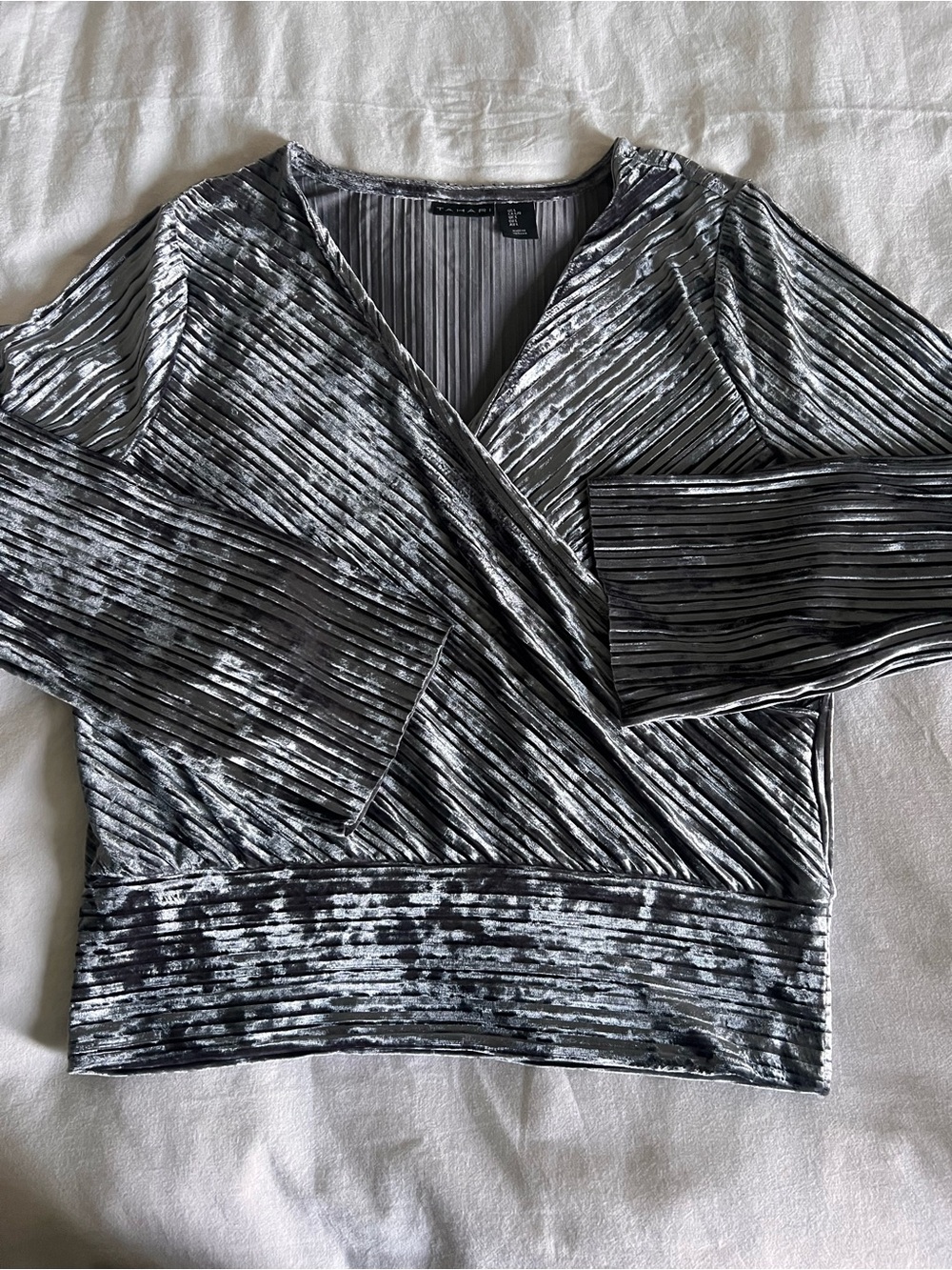 Tahari Silver and Black Pleated Wrap-Front Long Sleeve Top